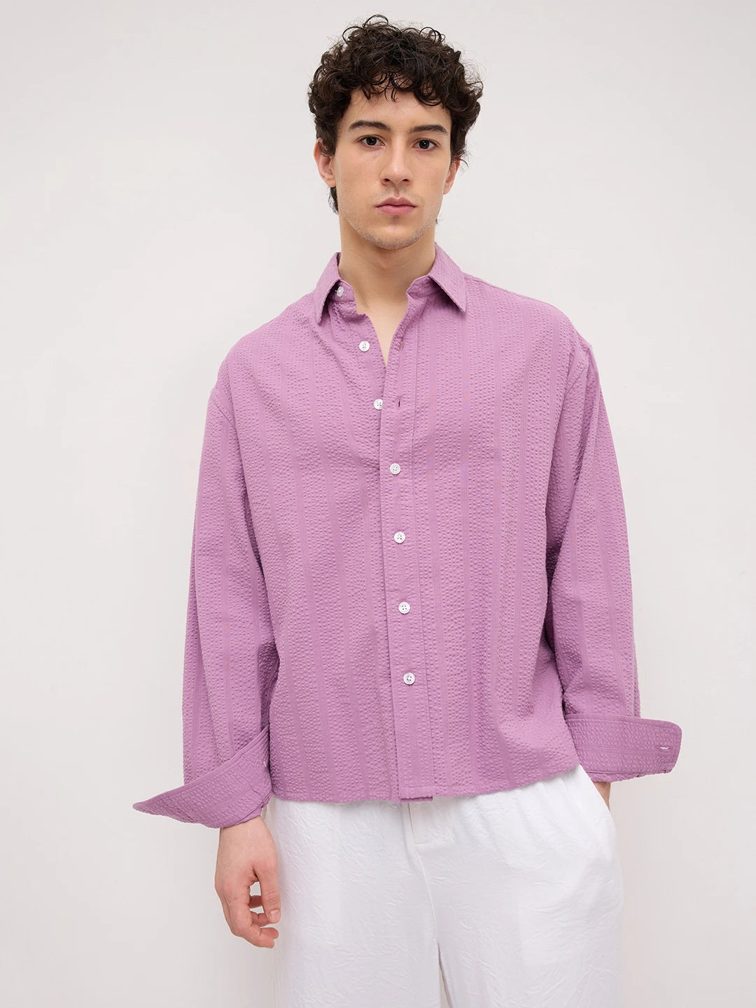 Luxury Purple Seersucker Striped Boxy Fit Crop Shirt