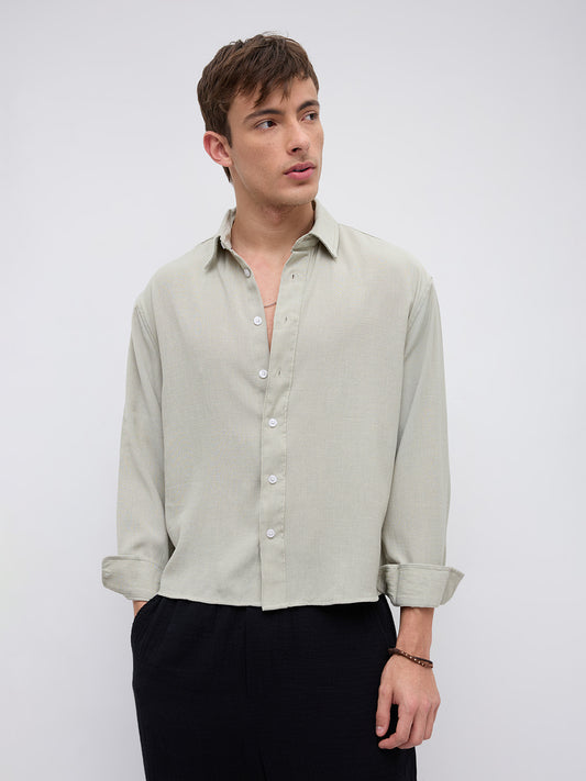Sage Green Fine Weave Boxy Fit Crop Shirt