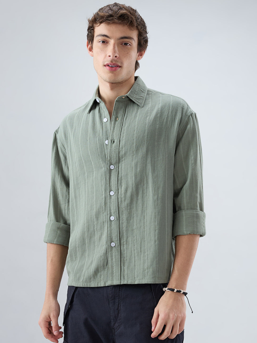 Forest Green Double Cloth Striped Boxy Fit Crop Shirt