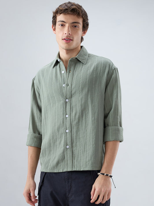 Forest Green Double Cloth Striped Boxy Fit Crop Shirt