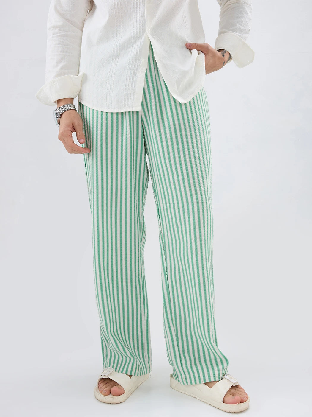 Jade Green Seersucker Candy Striped Straight Fit Trousers