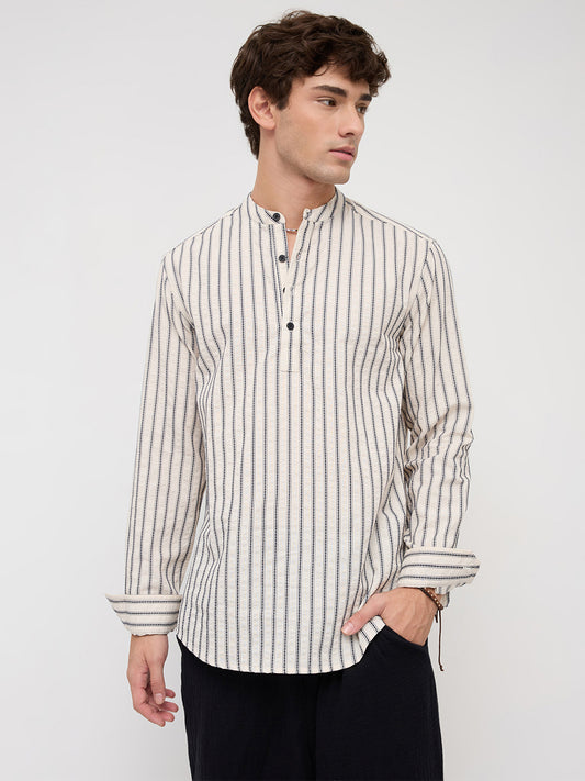 Coastal Ivory Motif Striped Seersucker Embroidered Kurta