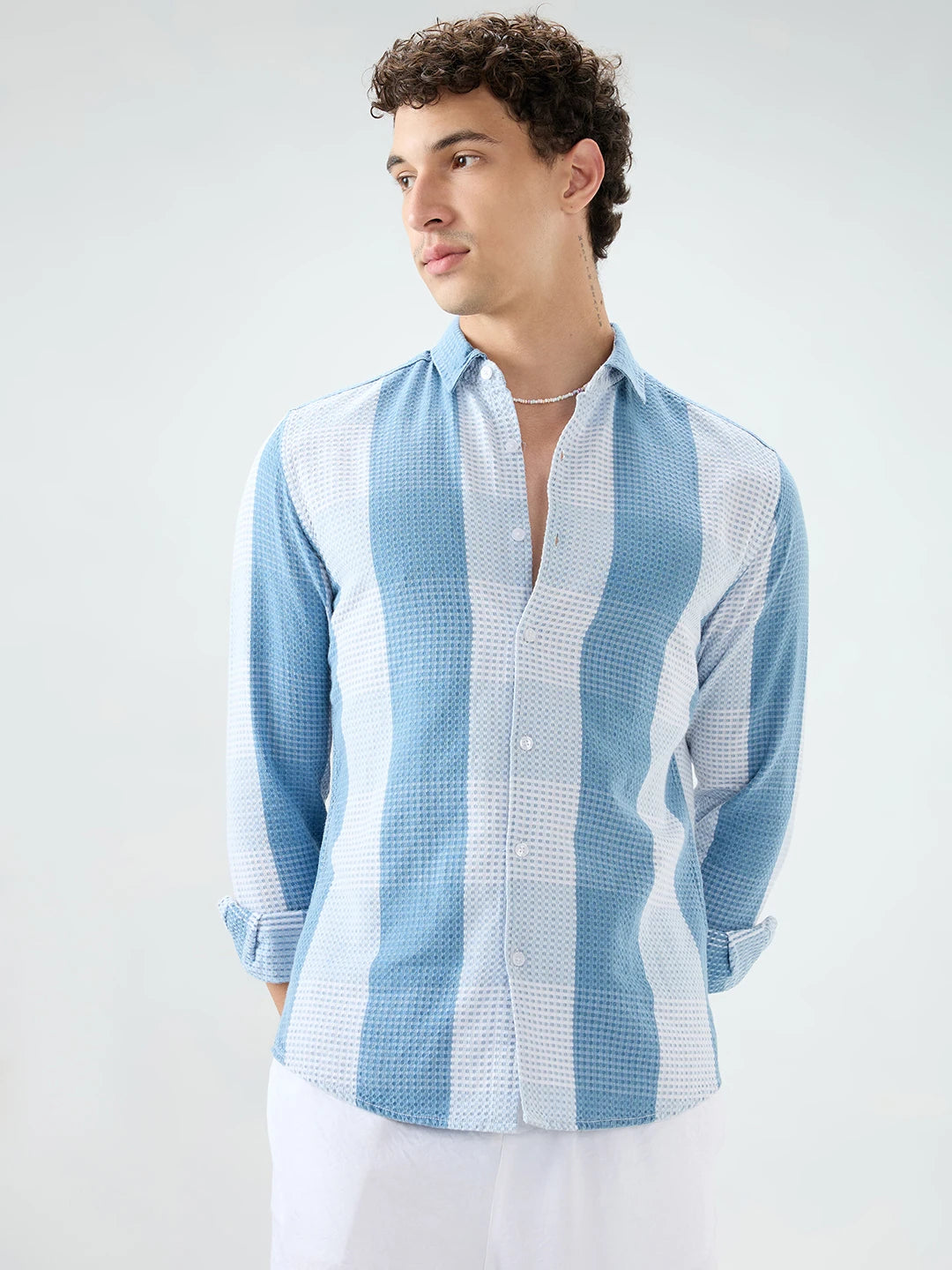 Denim Blue & White Micro Striped Weave Striped Shirt