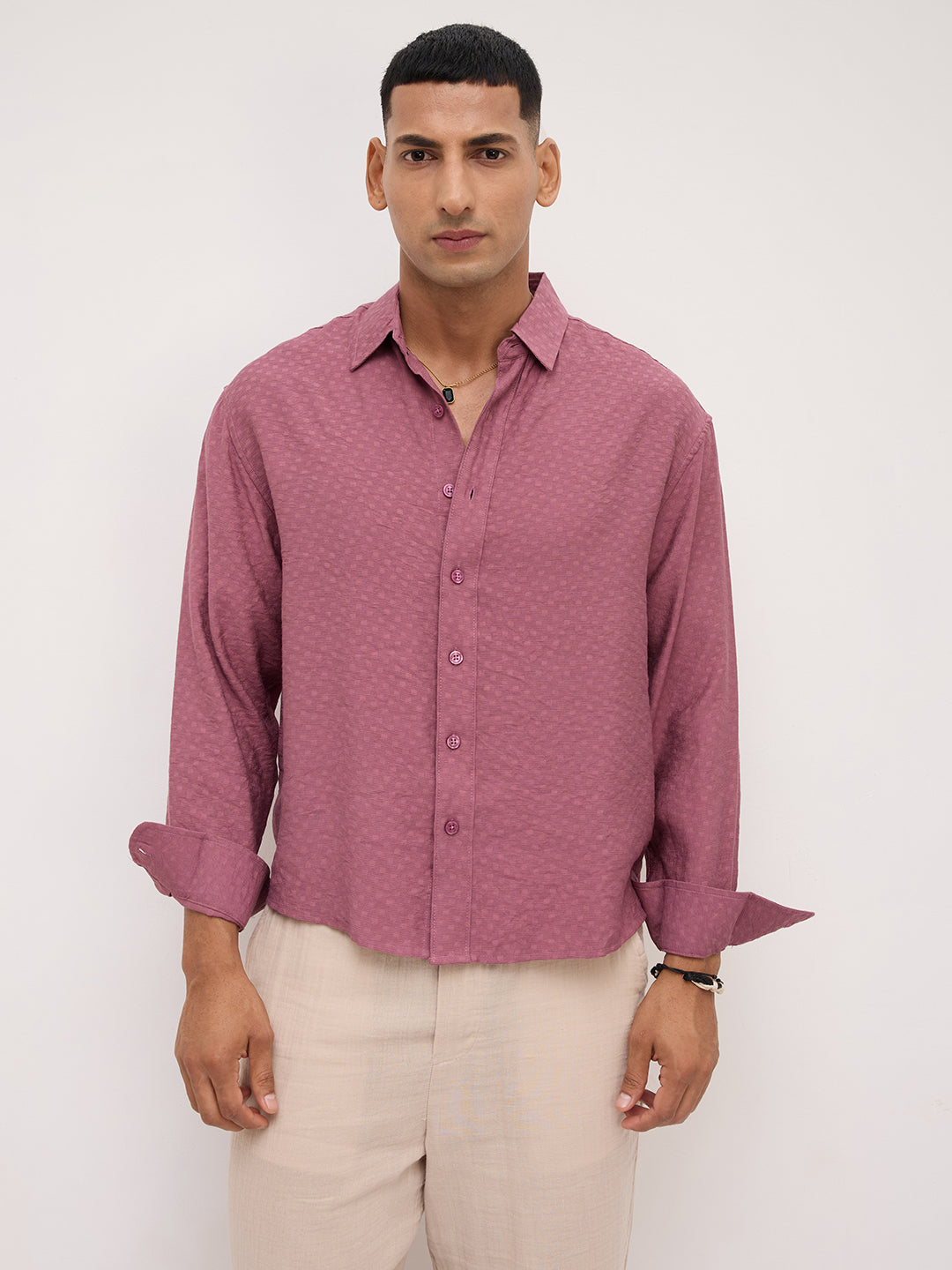 Rosewood Pink Dot Textured Boxy Fit Crop Shirt