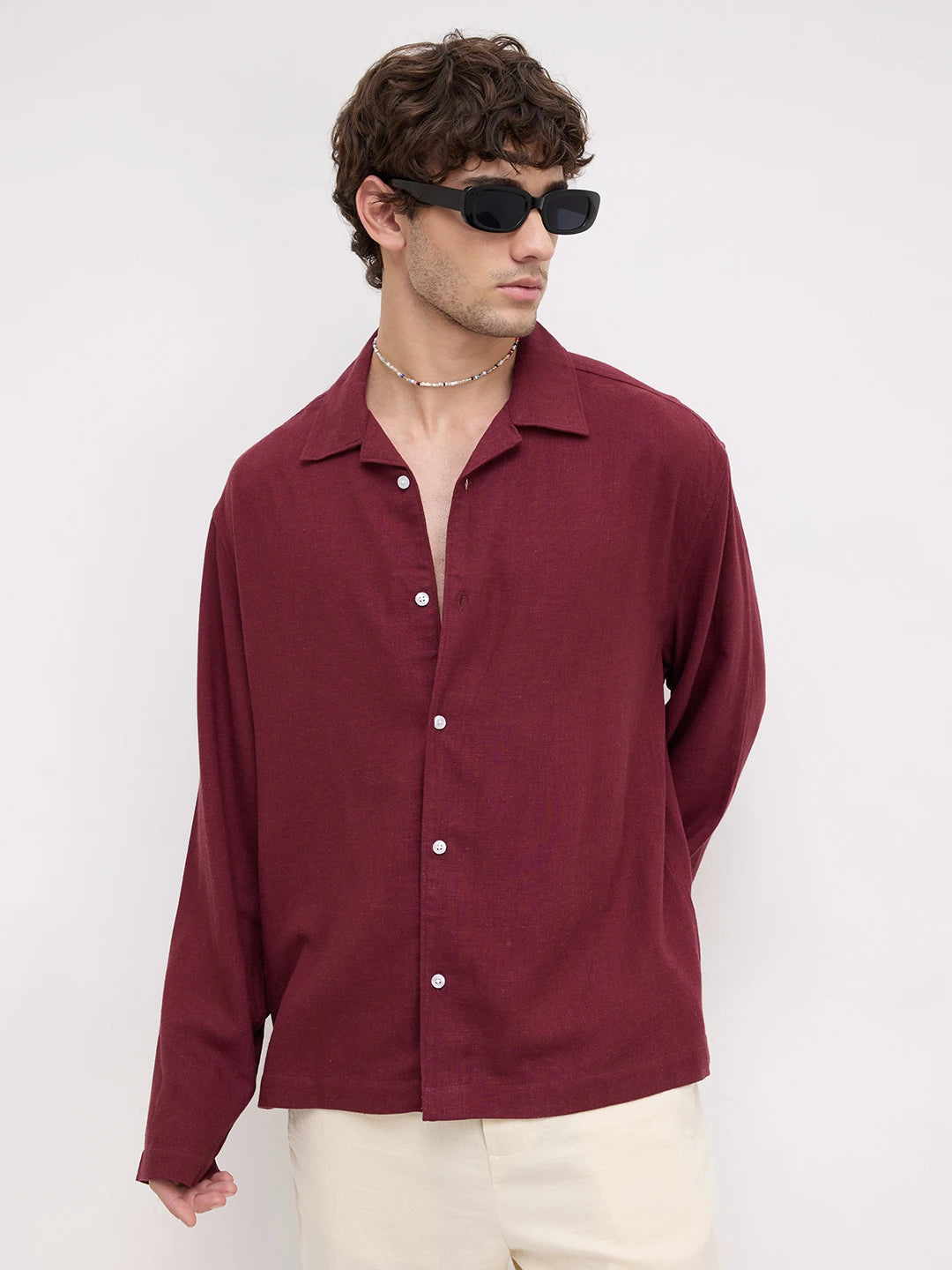 Maroon Fine Textured Linen Blend Notch Collar Oversized Shirt