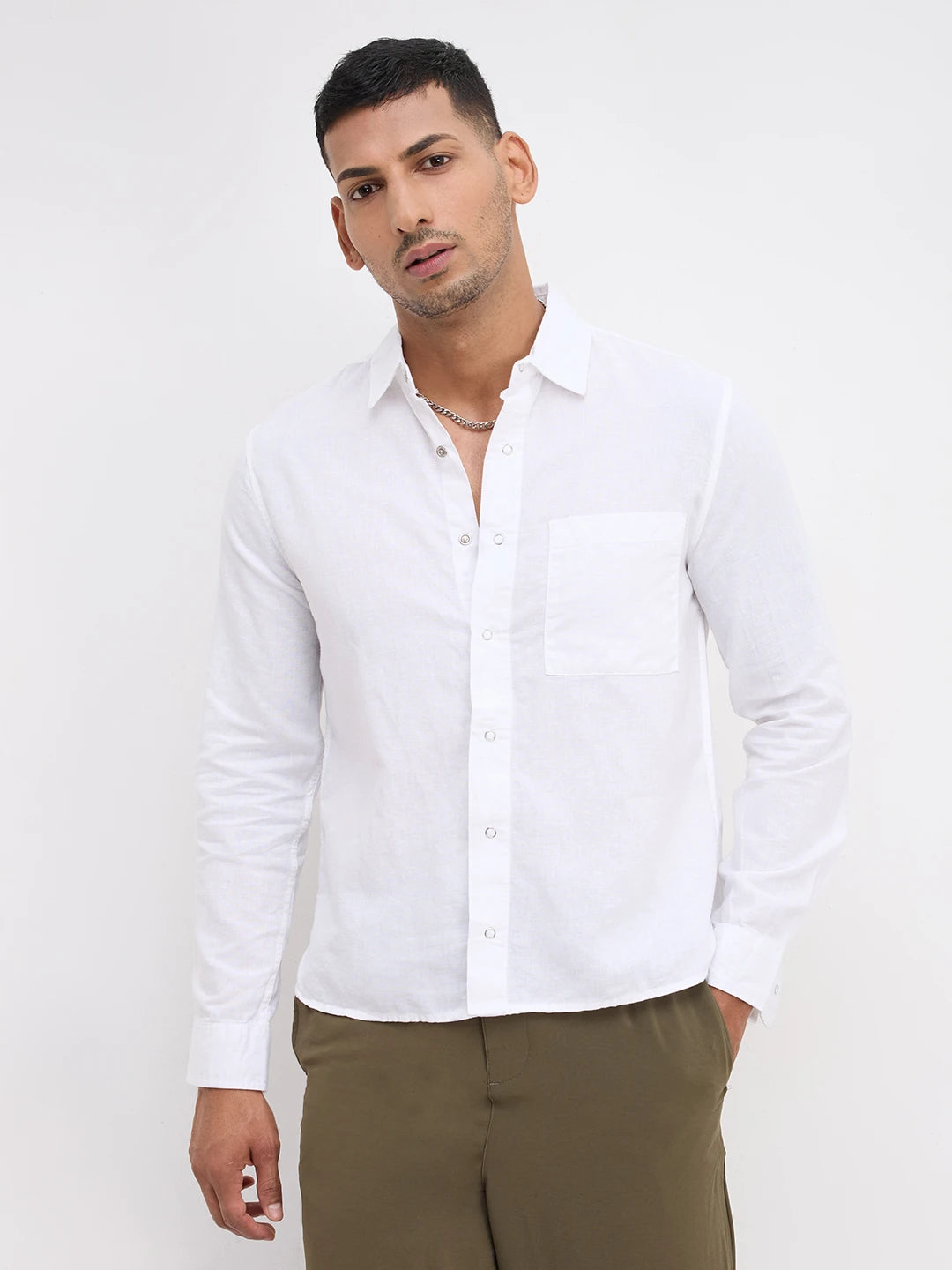 Solid Chalk White Straight Hem Crop Shirt