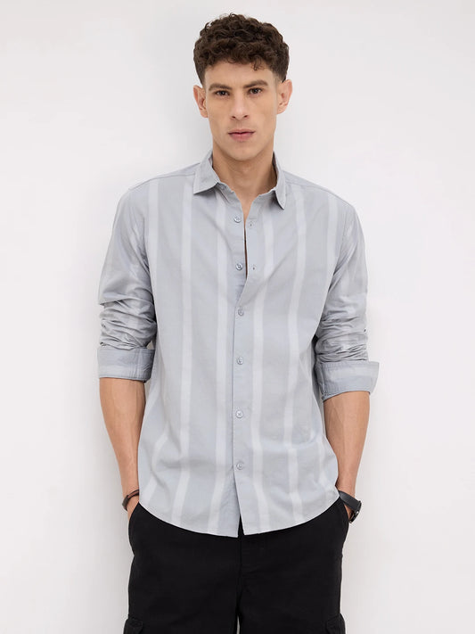 Bluish Grey Textured Striped Weave Shirt