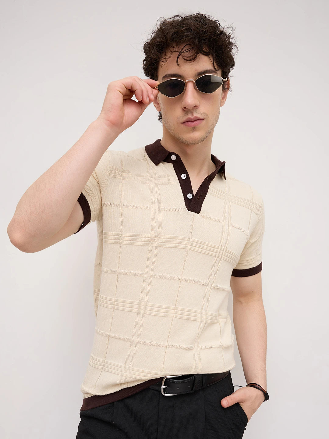 Ivory Windowpane Textured Contrast Polo Flat Knit T-Shirt