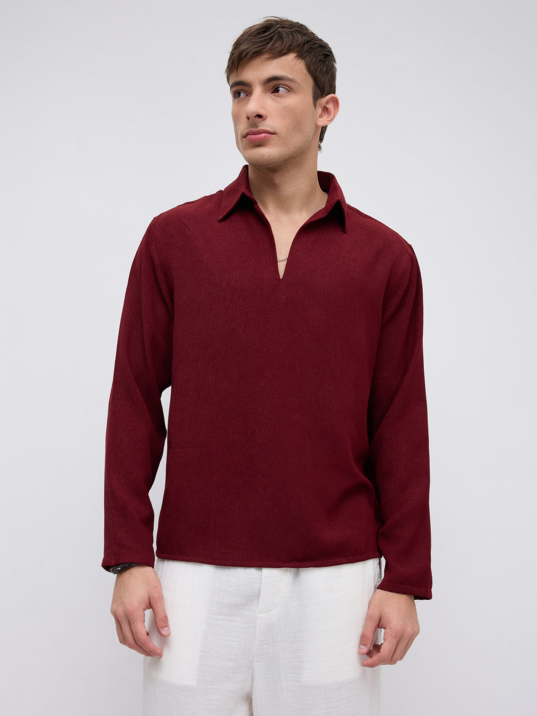 Currant Red Crepe Oversized Polo Shirt