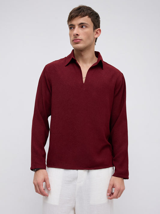 Currant Red Crepe Oversized Polo Shirt