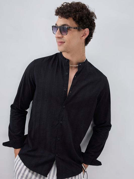 Jet Black Seersucker Striped Mandarin Shirt