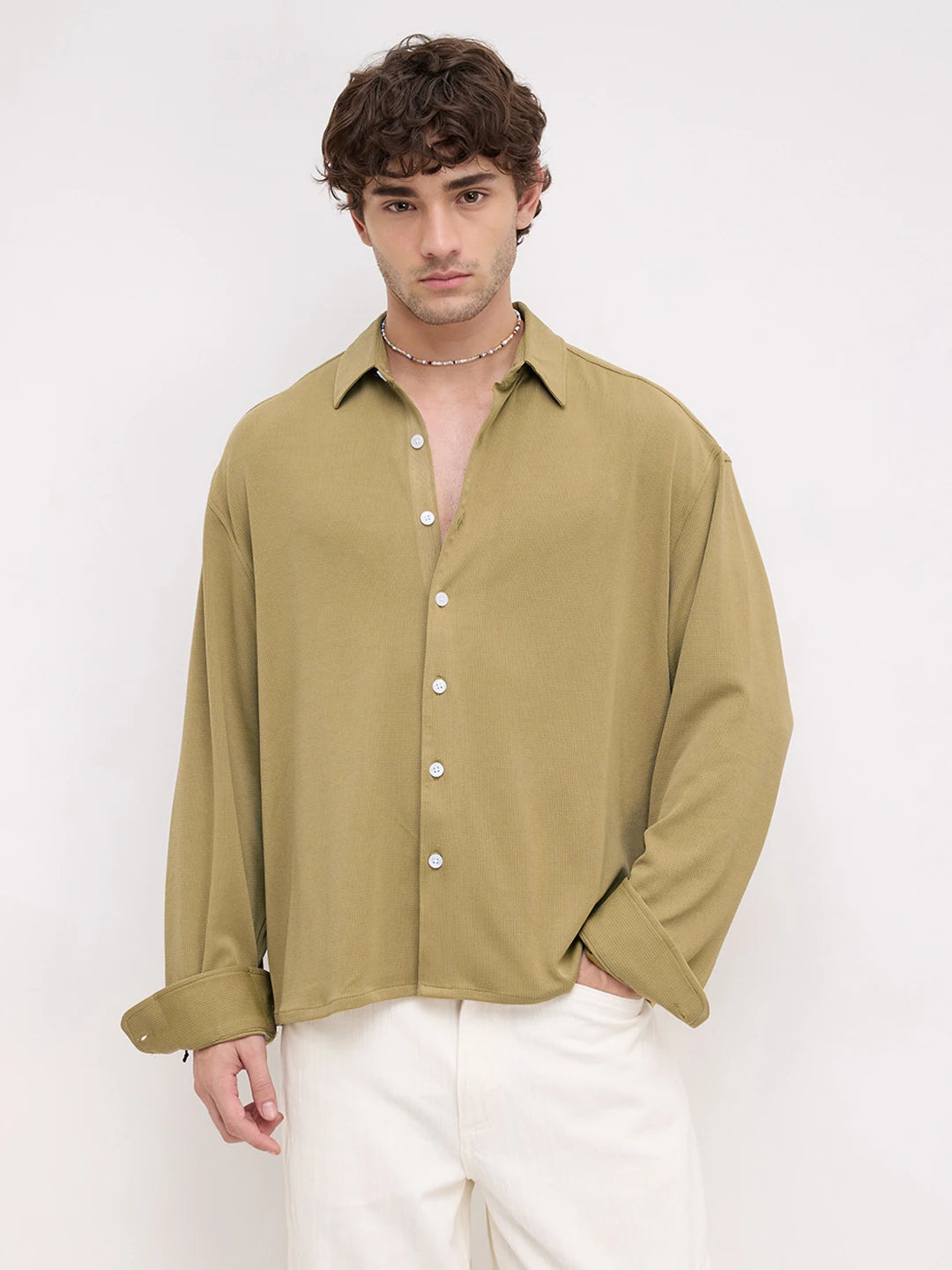 Luxe Khaki Fine Textured Knitted Boxy Fit Crop Shirt