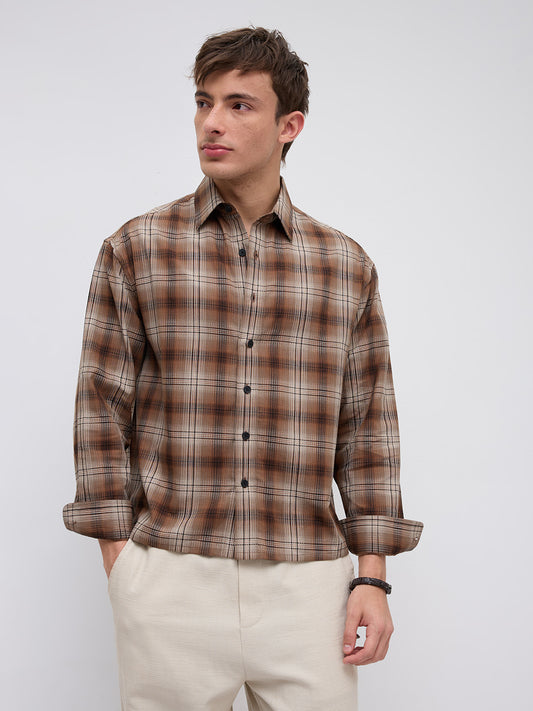 Cocoa Haze Gradient Plaid Classic Boxy Fit Crop Shirt