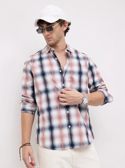 Premium Navy & Pink Textured Plaid Checks Shirt