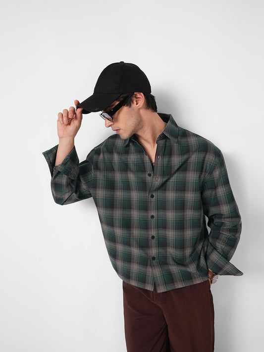 Heritage Forest Green Contrast Fine Checked Boxy Fit Crop Shirt