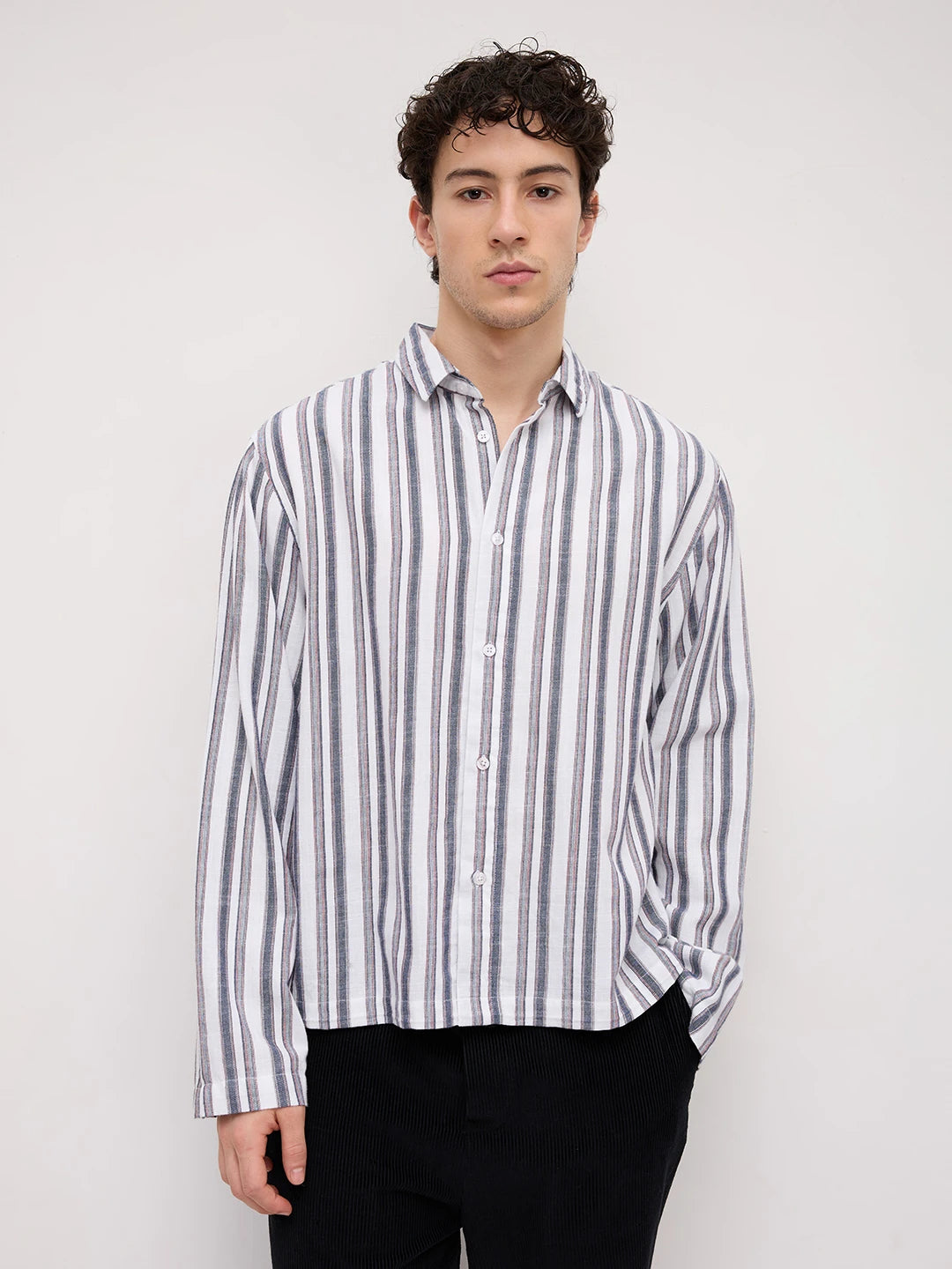White & Navy Multistriped Cuffless Oversized Shirt