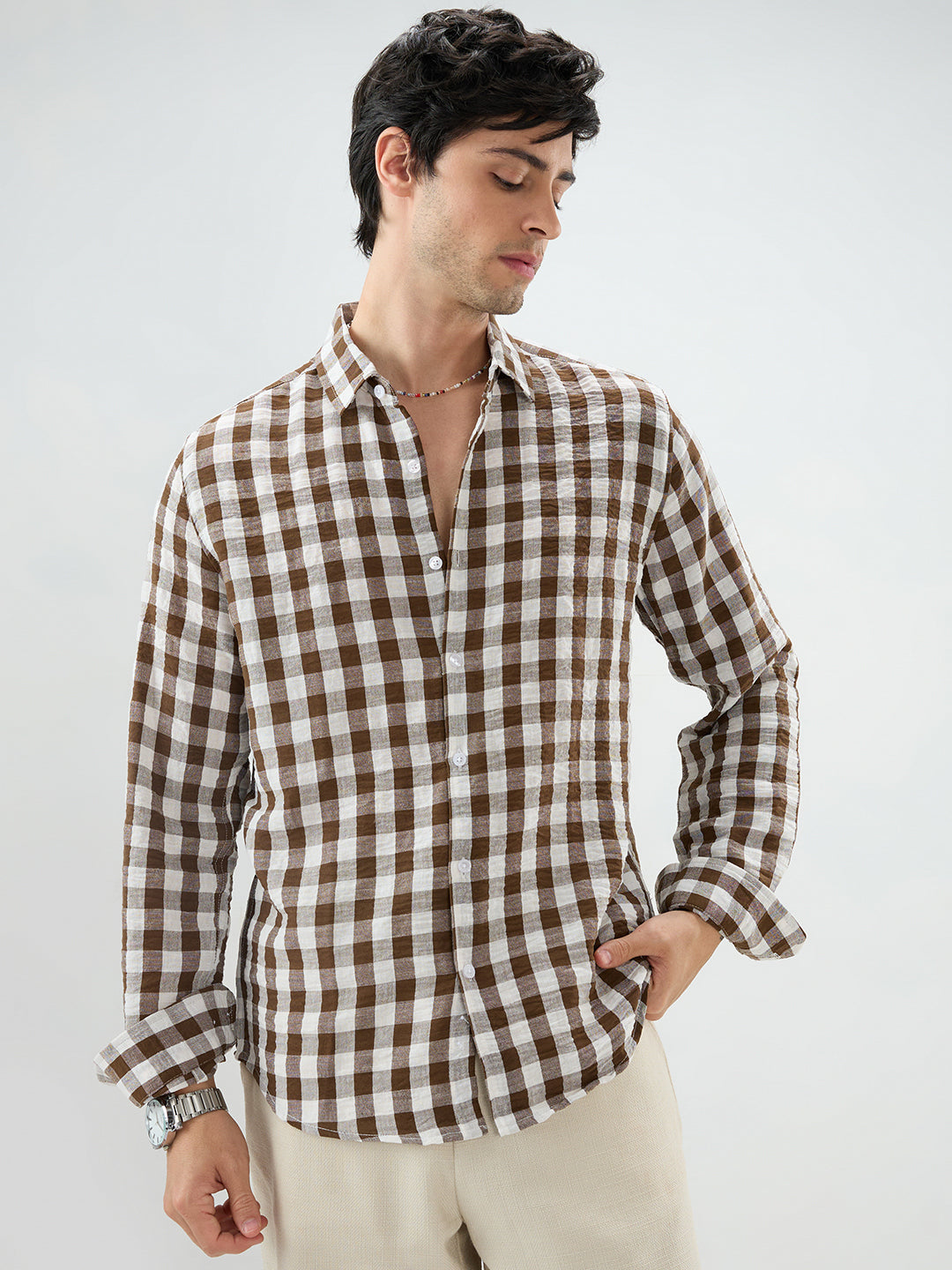 Cocoa Brown & White Gingham Checks Shirt