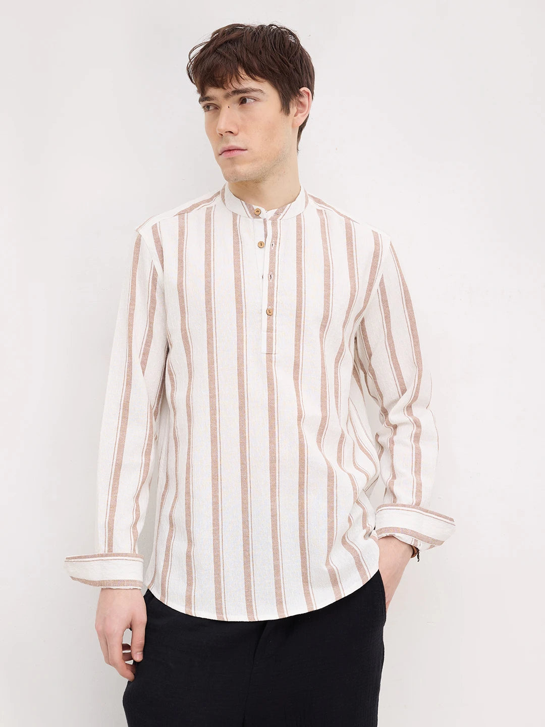 White & Brown Striped Kurta