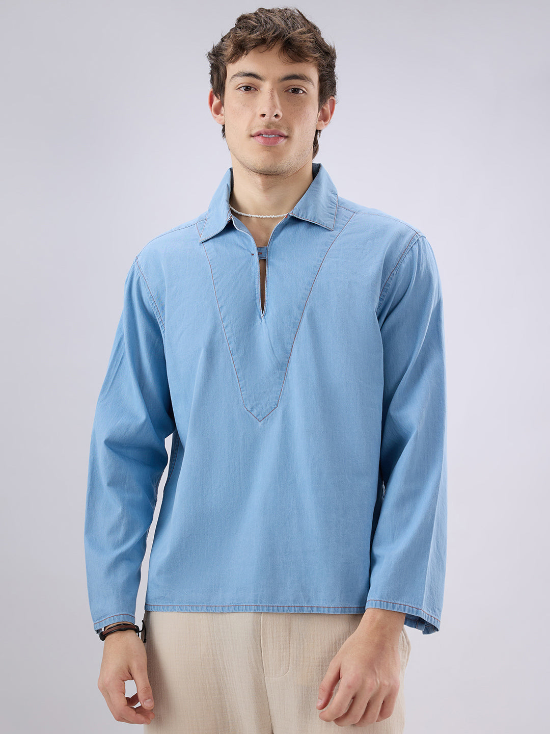 Blue Breeze Soft-Denim Cuffless Oversized Shirt