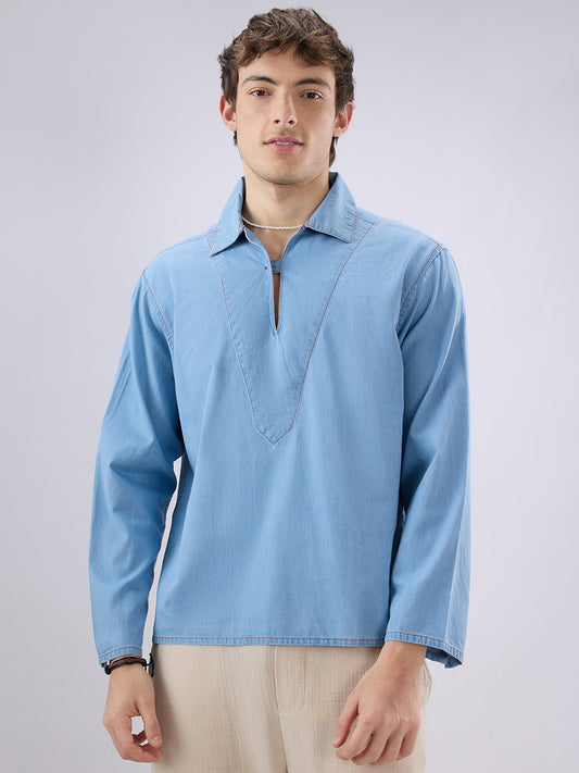 Blue Breeze Soft-Denim Cuffless Oversized Shirt