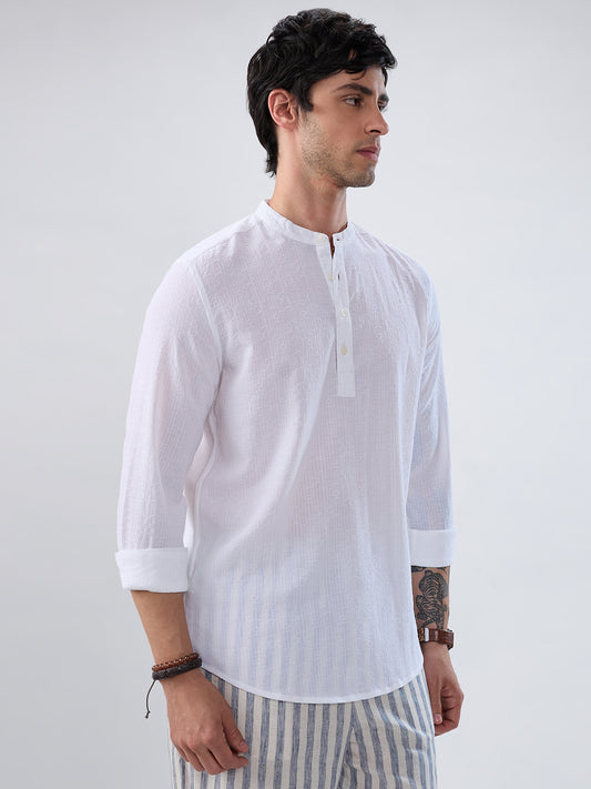 White Fine Weave Textured Kurta
