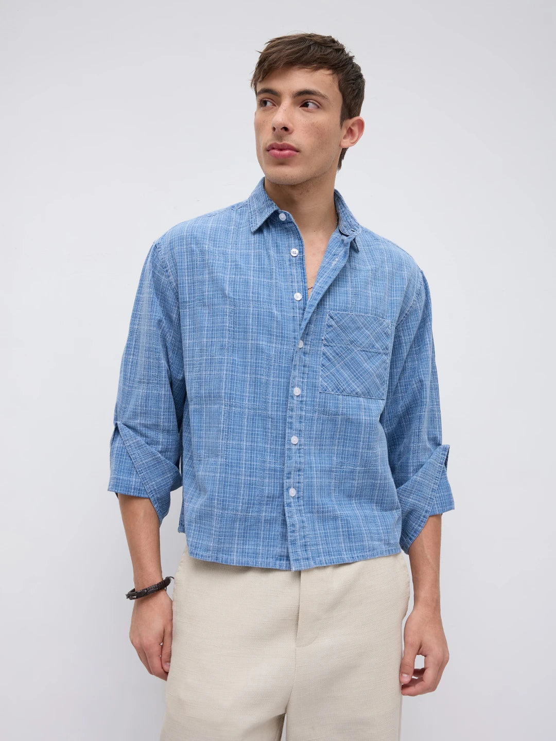 Icy Denim Blue Micro Checks Cuffless Oversized Crop Shirt