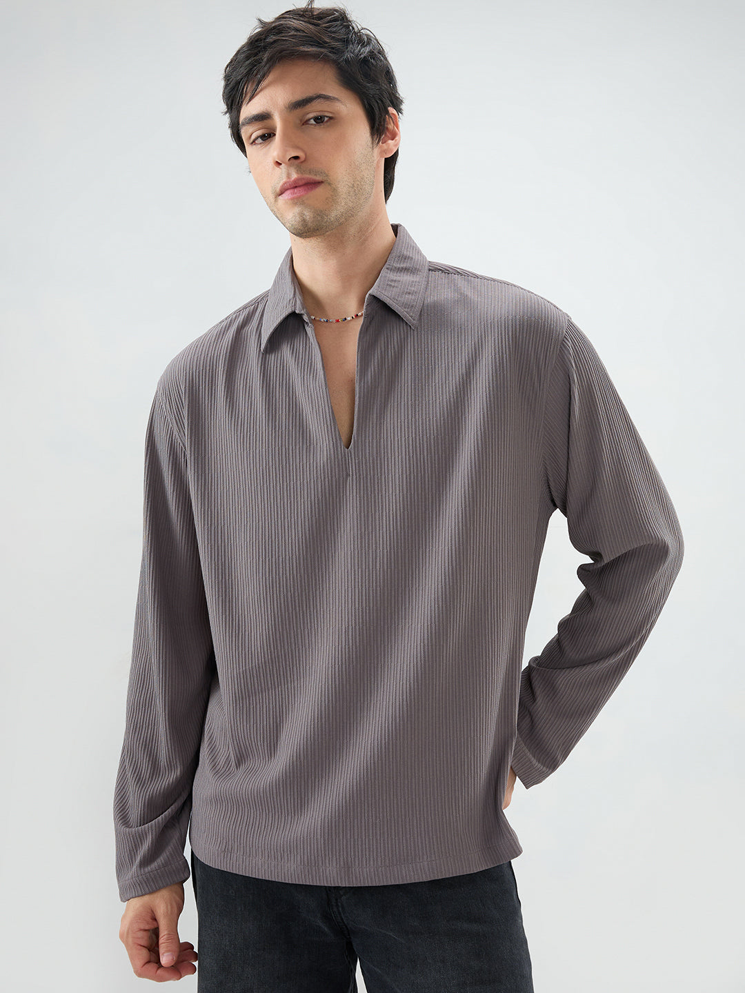 Graphite Grey Precision Rib Striped Oversized Polo Knitted Shirt