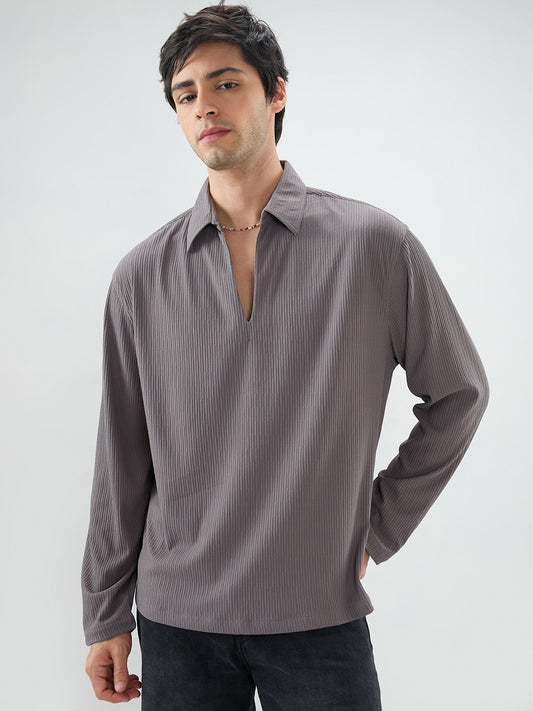 Graphite Grey Precision Rib Striped Oversized Polo Knitted Shirt
