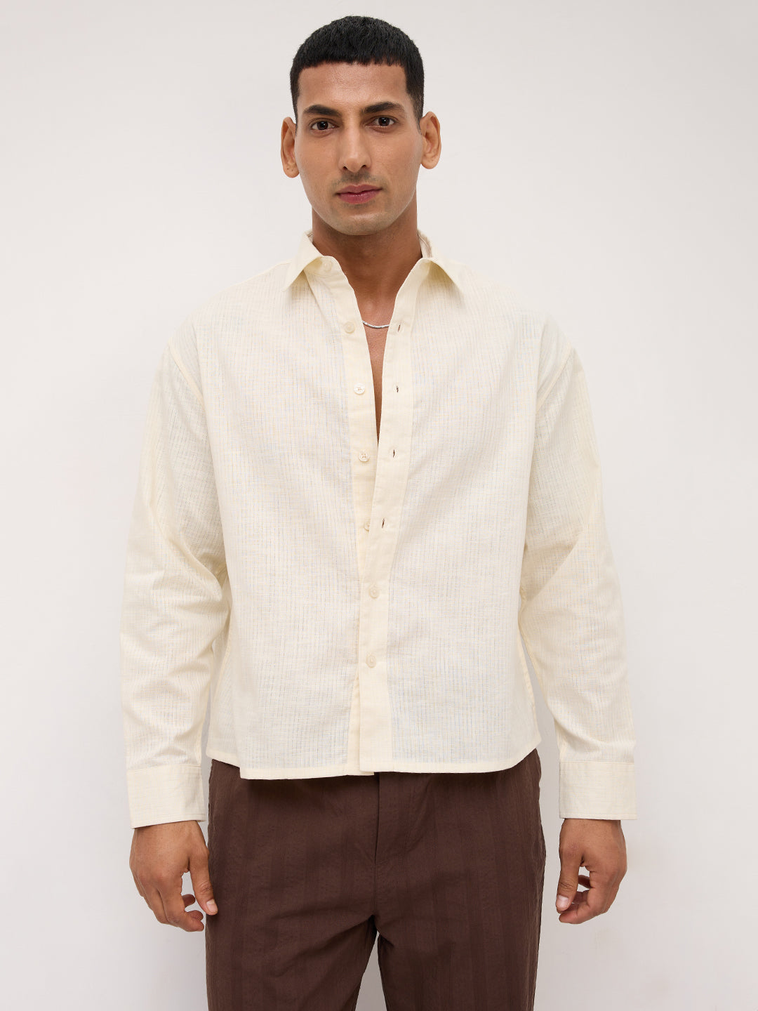 Ivory Sheer Slub Textured Boxy Fit Crop Shirt