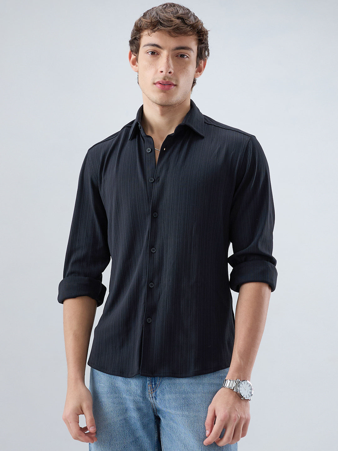 Timeless Black Fine Vertical Ribbed Knitted Shirt