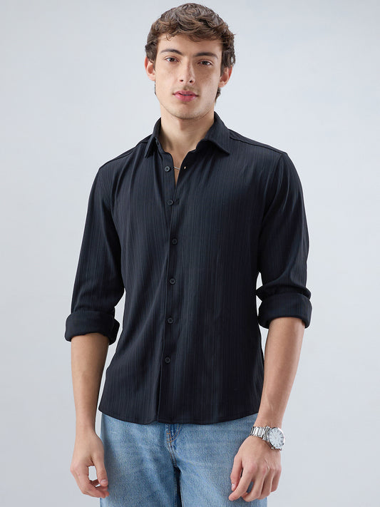 Timeless Black Fine Vertical Ribbed Knitted Shirt
