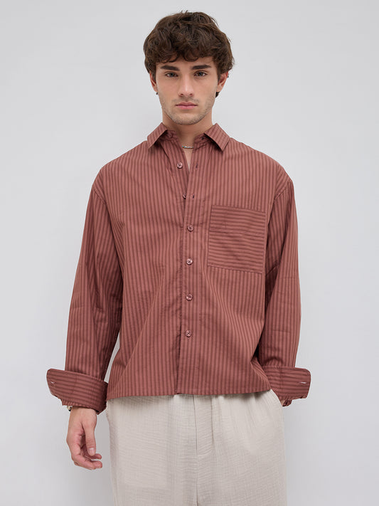 Plush Russet Brown Shadow Striped Boxy Fit Crop Shirt