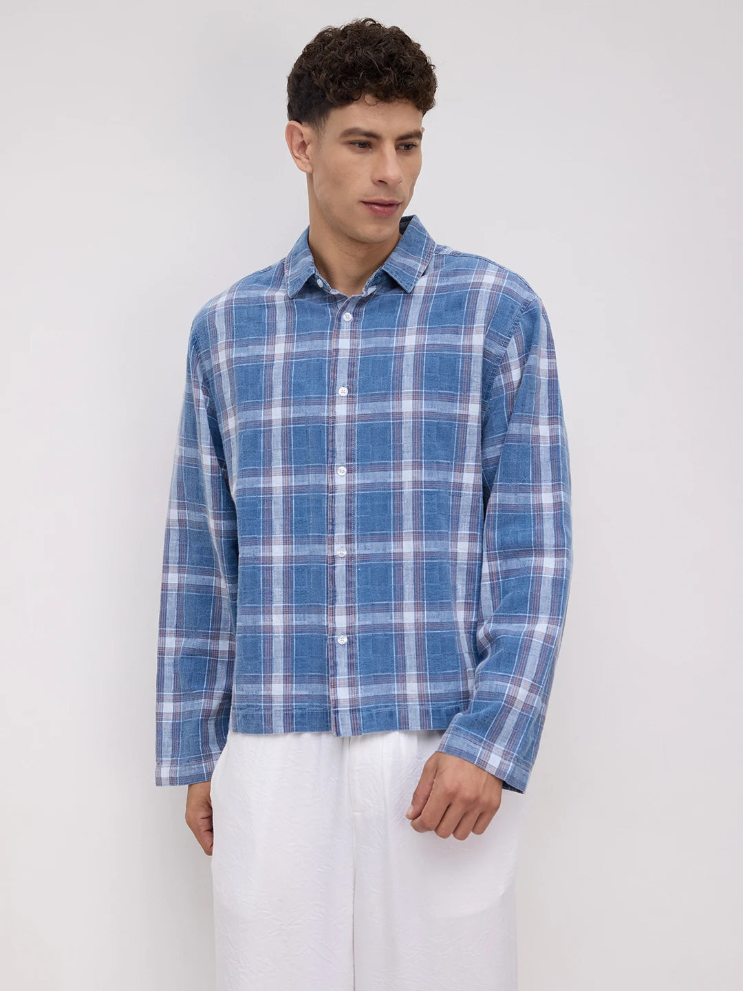 Timeless Denim Plaid Checks Cuffless Oversized Shirt