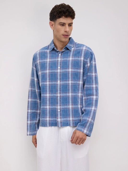 Timeless Denim Plaid Checks Cuffless Oversized Shirt