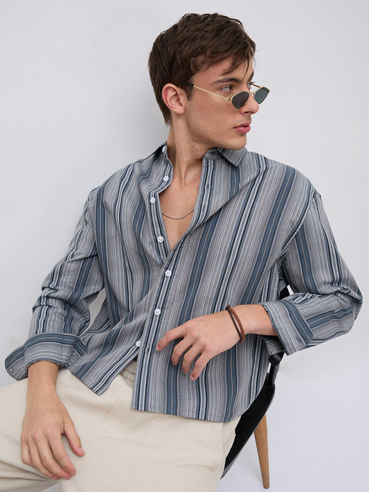 Slate Blue Multi Striped Boxy Fit Crop Shirt