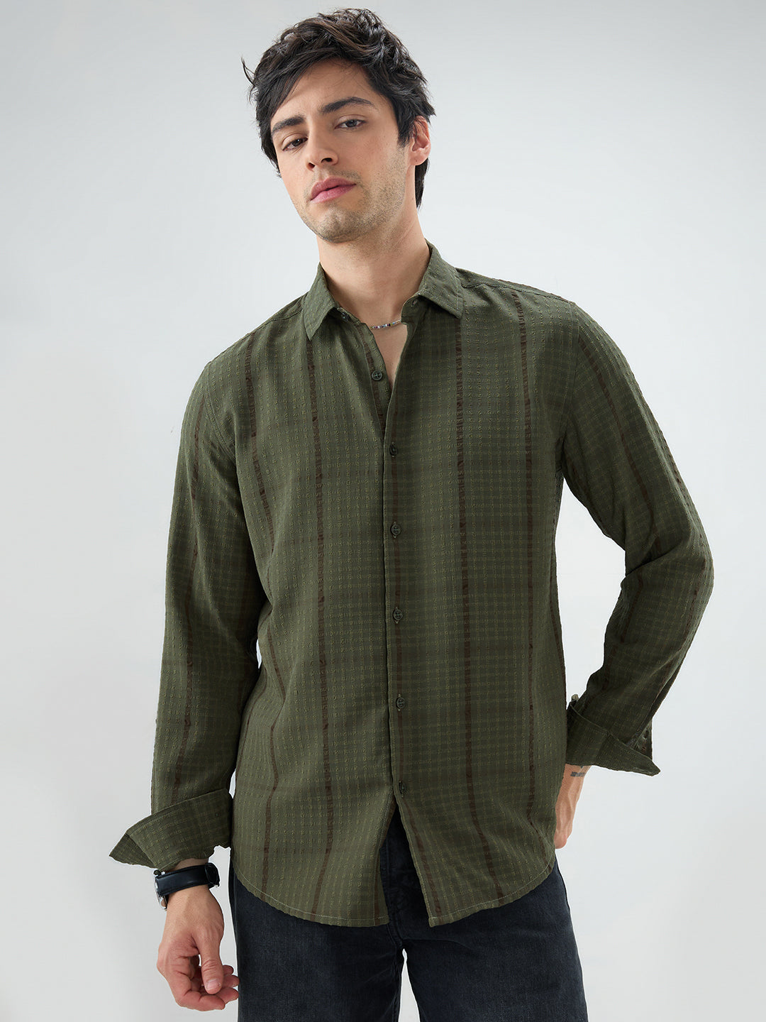 Olive Micro Checks Textured Shirt