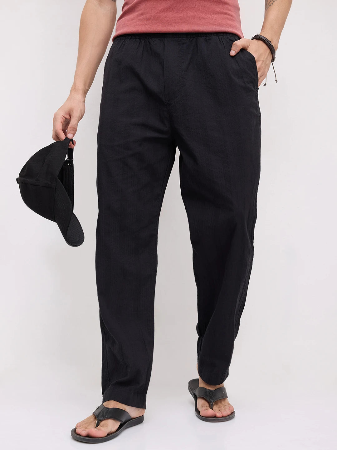 Minimal Black Seersucker Tapered Trousers