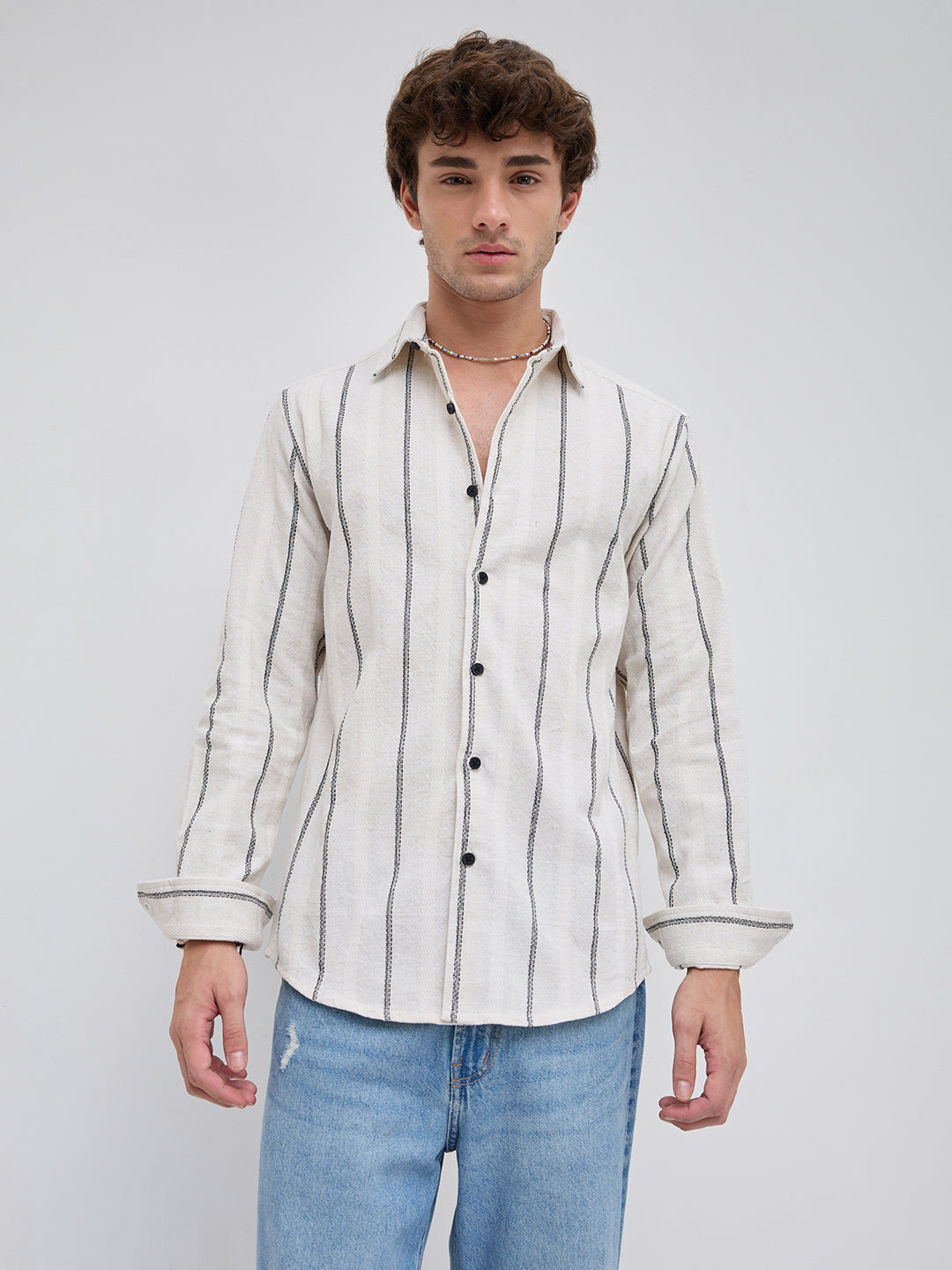 Ivory & Black Embroidered Striped Shirt