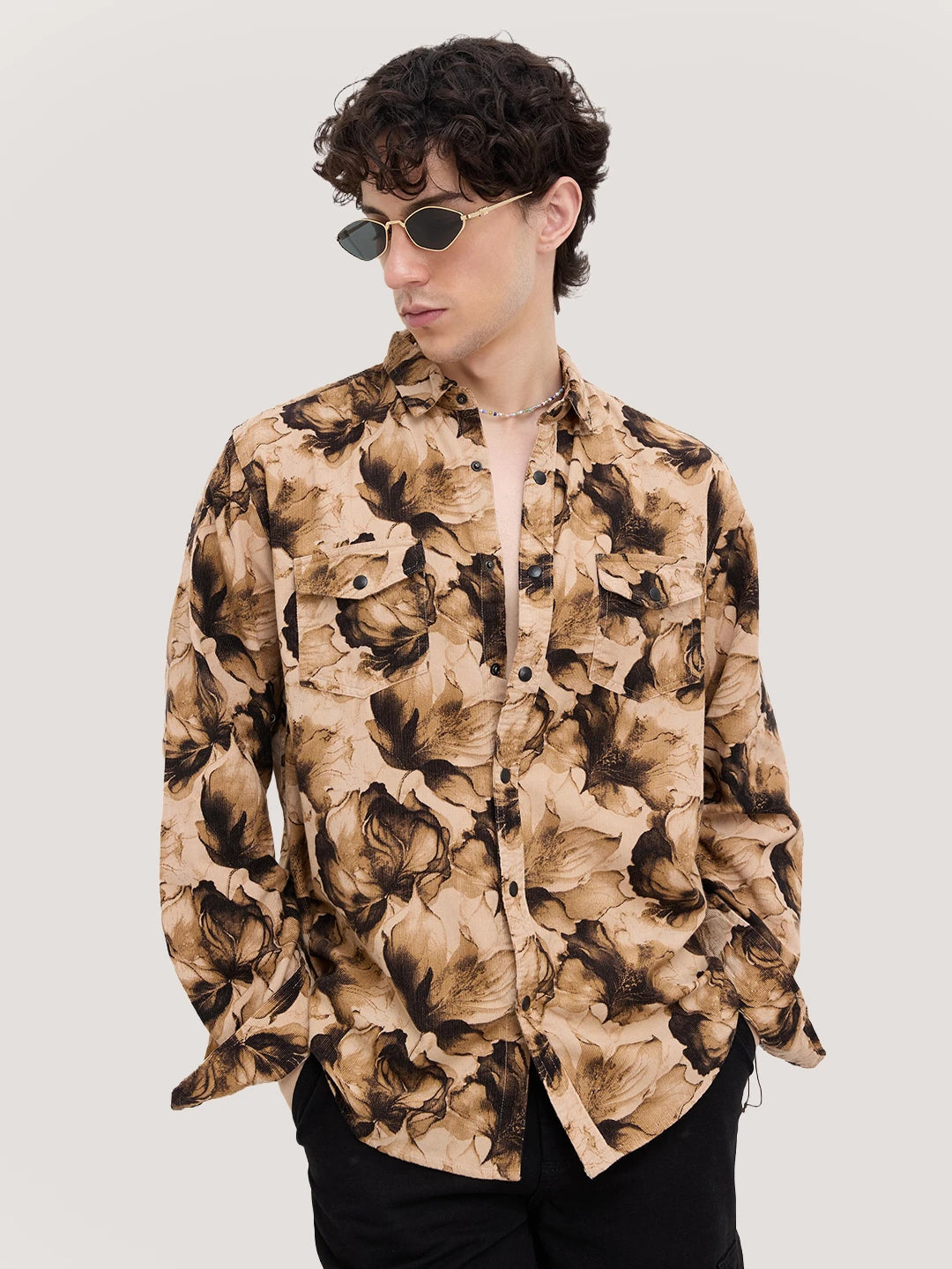 Rustic Beige Botanical Printed Double Pocket Corduroy Shirt