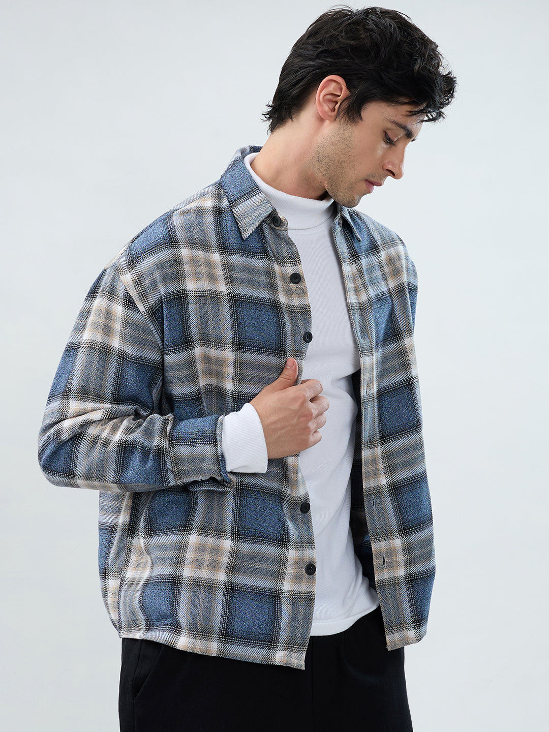 Aegean Blue Checkered Boxy Fit Crop Shirt