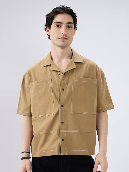 Khaki Contrast Stitch Twin Pocket Oversized Crop Shirt