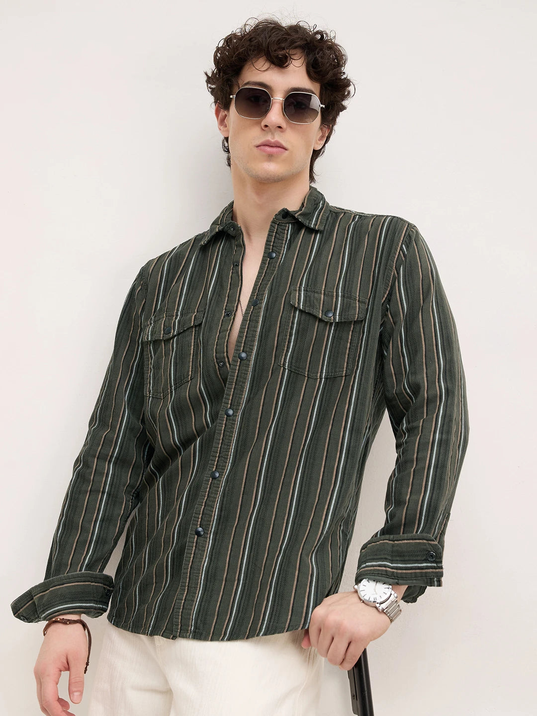 Forest Vibe Multi-Stripe Olive Twin Pocket Corduroy Shirt