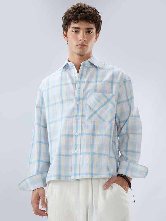 Premium Summer Sky Fine Weave Linen Blend Boxy Fit Crop Shirt