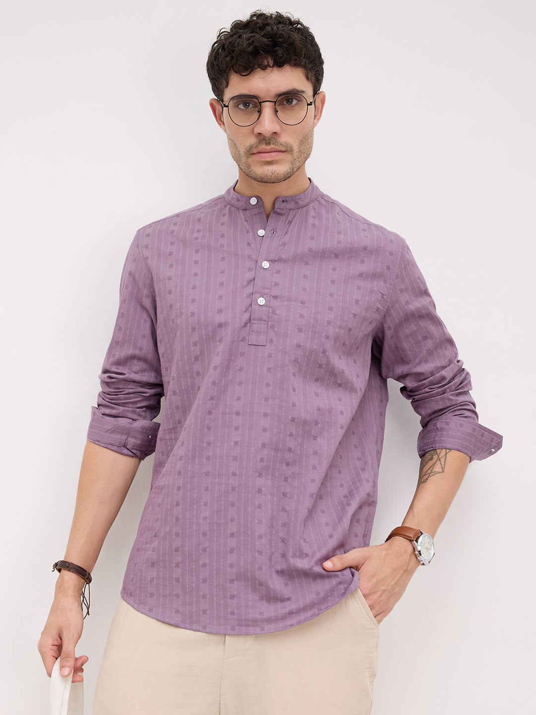 Royal Chinese Voilet Striped Loom Kurta