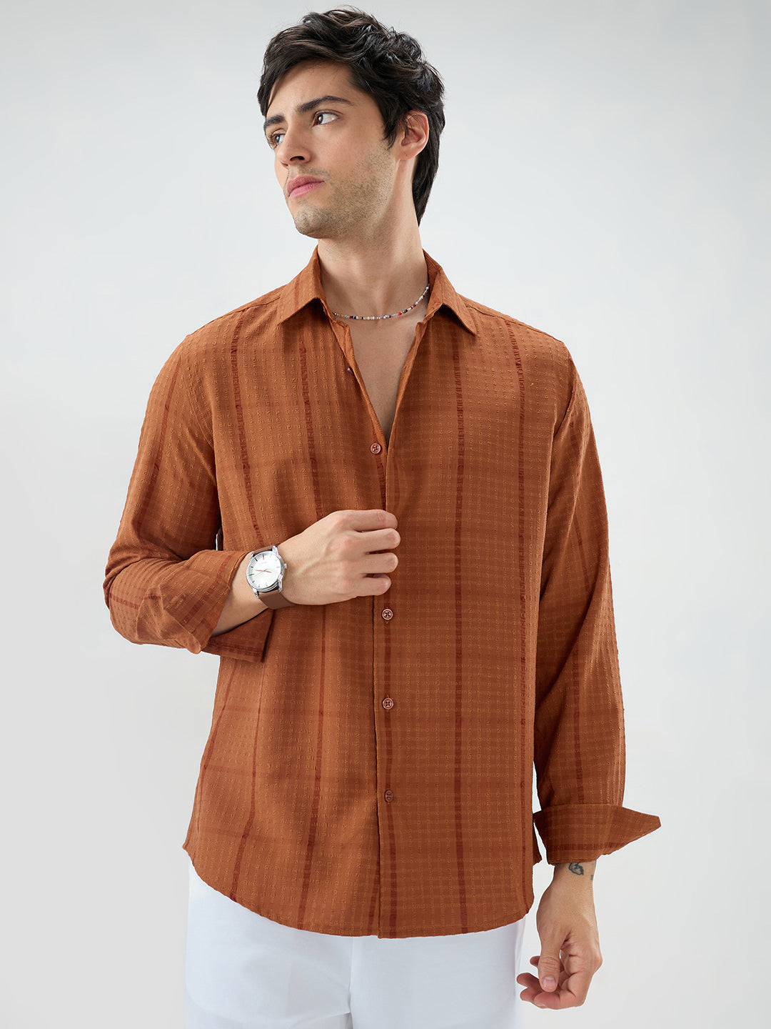 Rust Micro Checks Textured Shirt