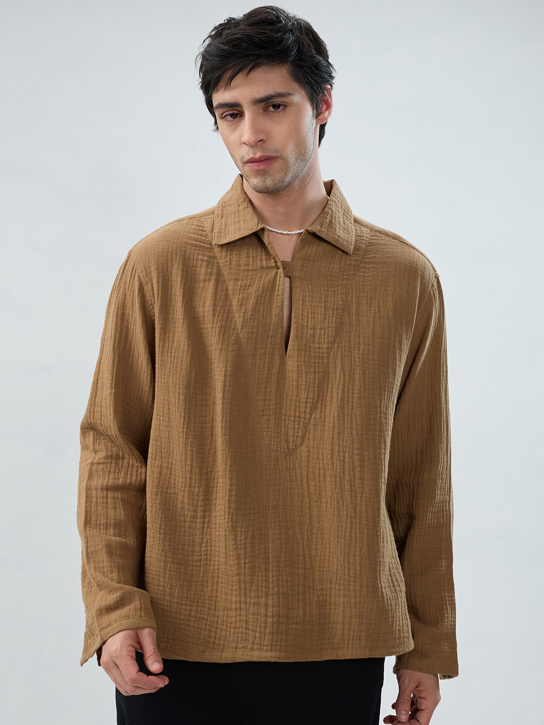 Warm Tan Textured Cuffless Double Cloth Oversized Shirt