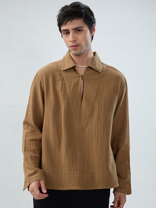 Warm Tan Textured Cuffless Double Cloth Oversized Shirt