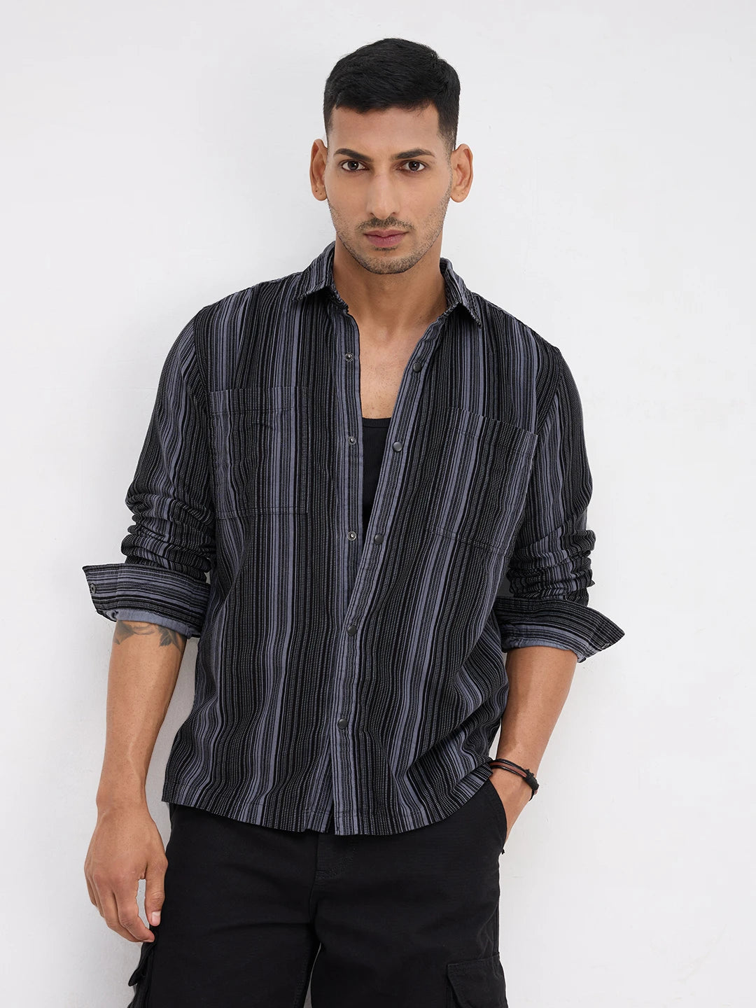 Graphite Striped Double Pocket Corduroy Shirt