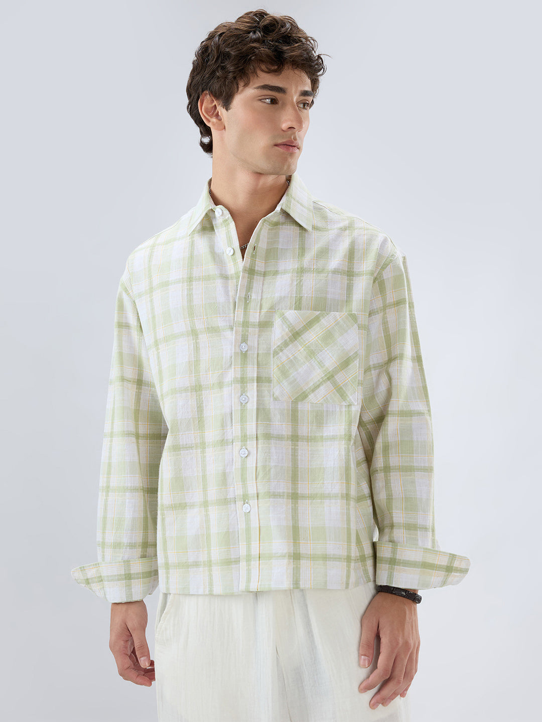Premium Spring Green Fine Weave Linen Blend Boxy Fit Crop Shirt