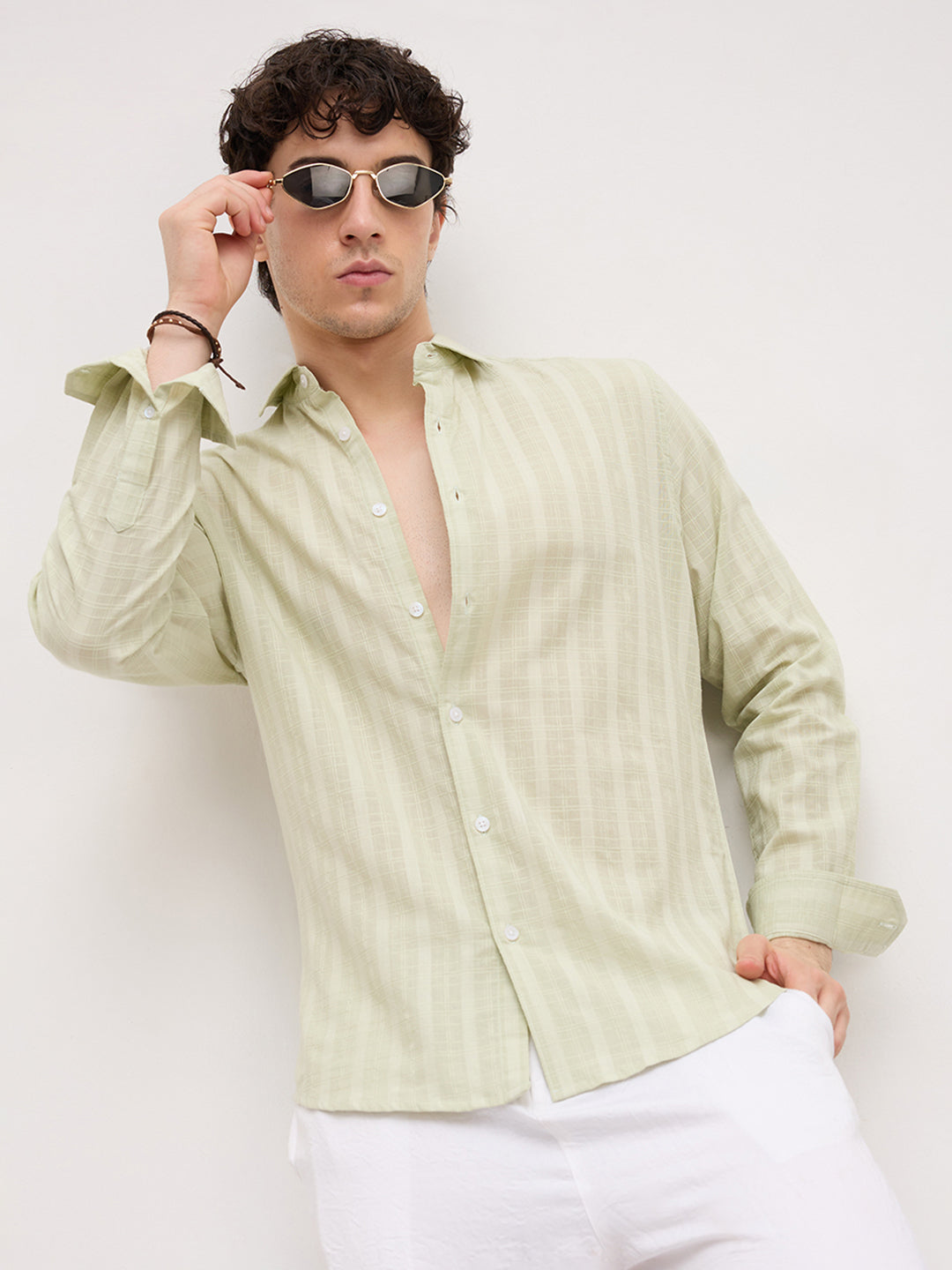 Pistachio Green Sheer Windowpane Checks Textured Weave Shirt
